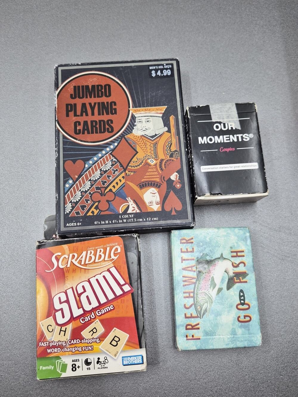 Assorted Card Game Lot Scrabble Slam Our Moments Go Fish Jumbo Playing Cards